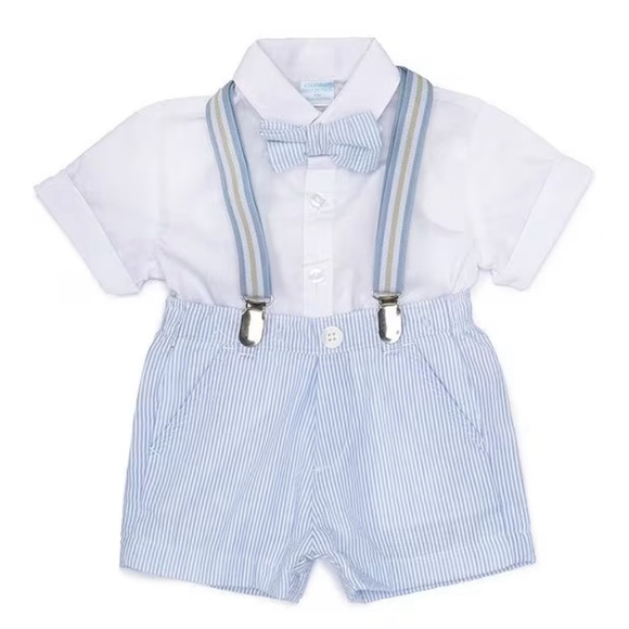 Boys 3T Stripe Button-Front Shirt & Linen Suspender Shorts 2-Piece Set - Picture 1 of 3